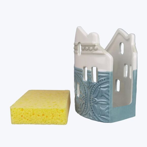 Casual Provincial Kitchen Sponge Holder with Sponge Blue and White Ceramic - Picture 2 of 5